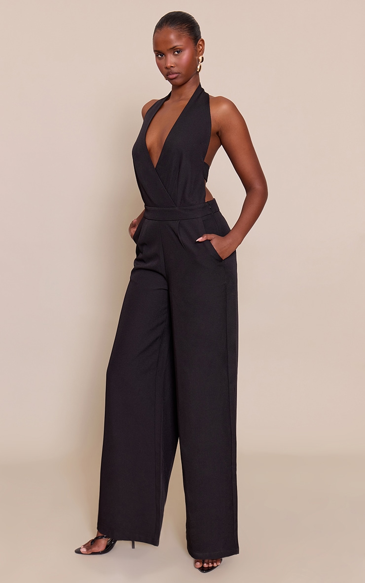 Black Tailored Plunge Halter Neck Wide Leg Jumpsuit image 3
