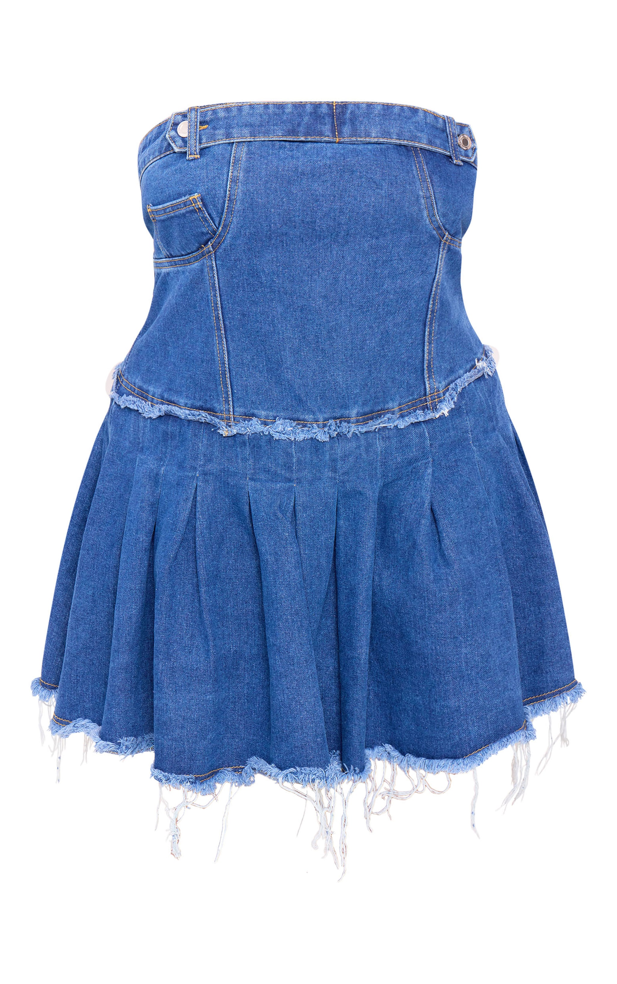 Plus Mid Blue Wash Raw Edge Pleated Bandeau Denim Mini Dress image 5