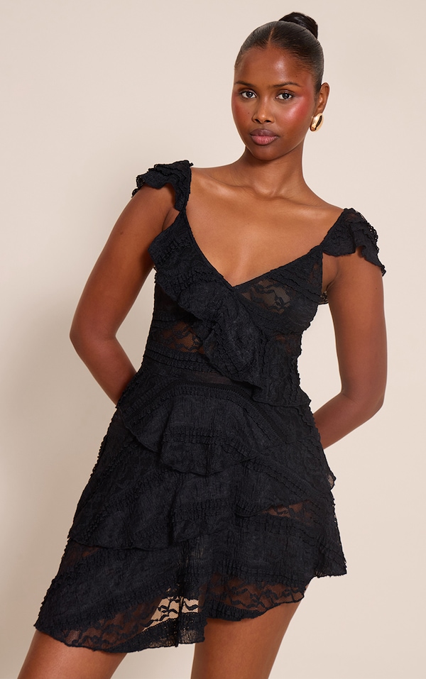 Black Lace Frill Detail One Mini Shift Dress