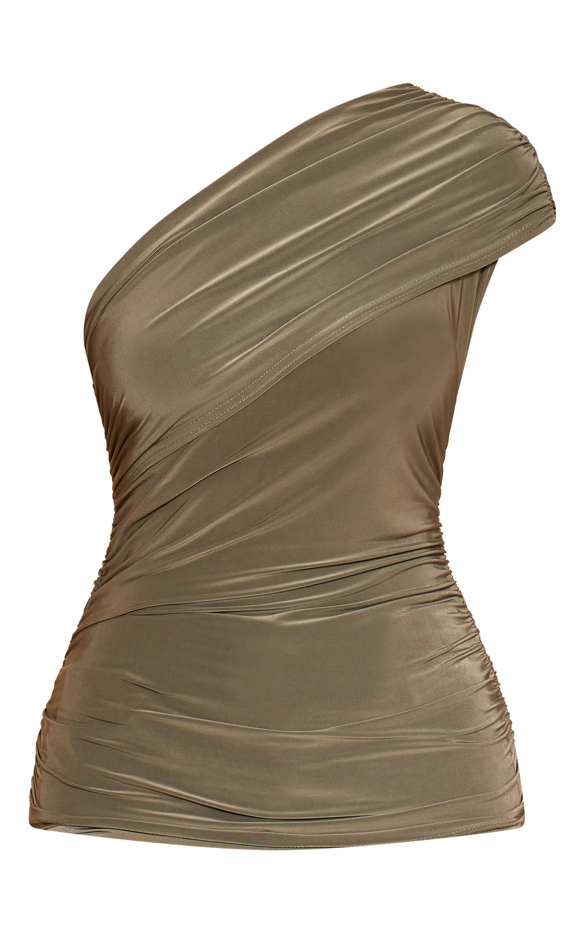  Olive Double Layer Slinky Overlay One Shoulder Top image 5
