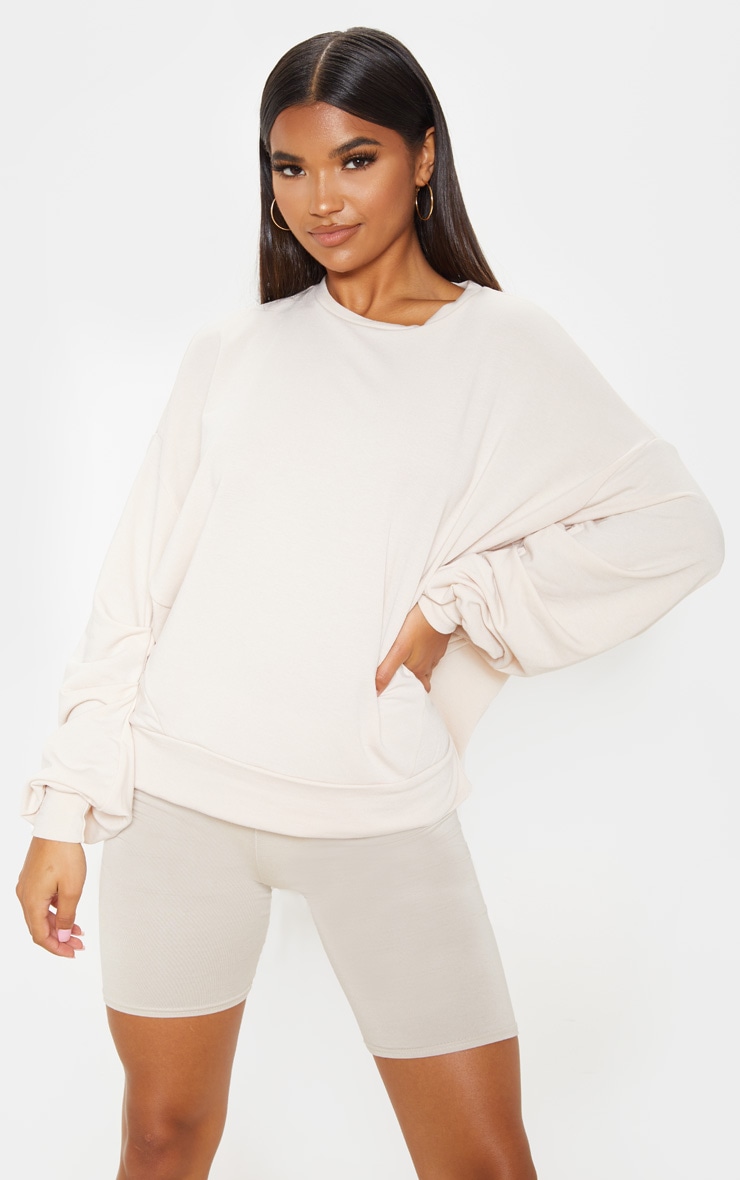 Cream Ruched Sleeve Oversized Sweater Tops PrettyLittleThing