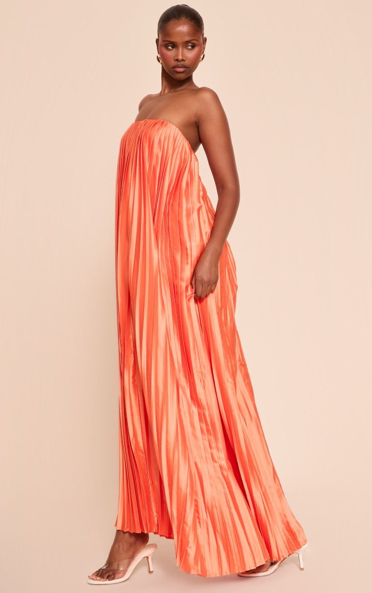  Bright Orange Pleated Satin Bandeau Maxi Dress image 3