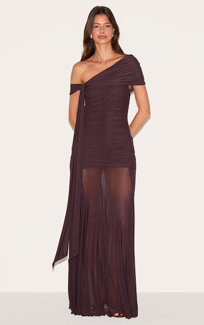 Robe longue en mesh doublé marron à col bardot