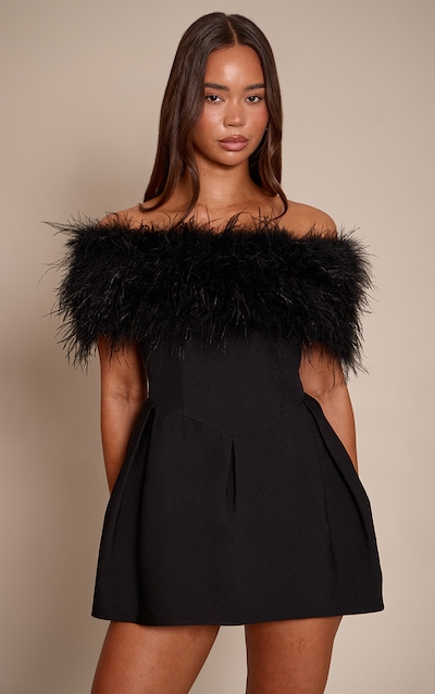 Premium Black Woven Feather Bardot Tulip Mini Dress