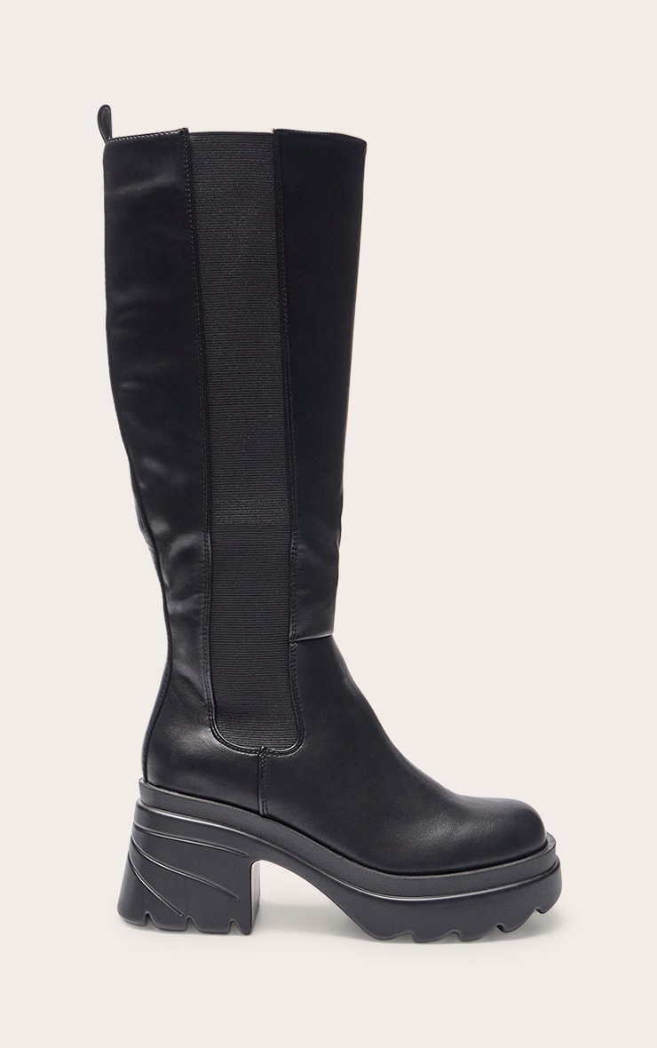 Black Pu Chunky Chelsea Heeled Knee High Boots image 2