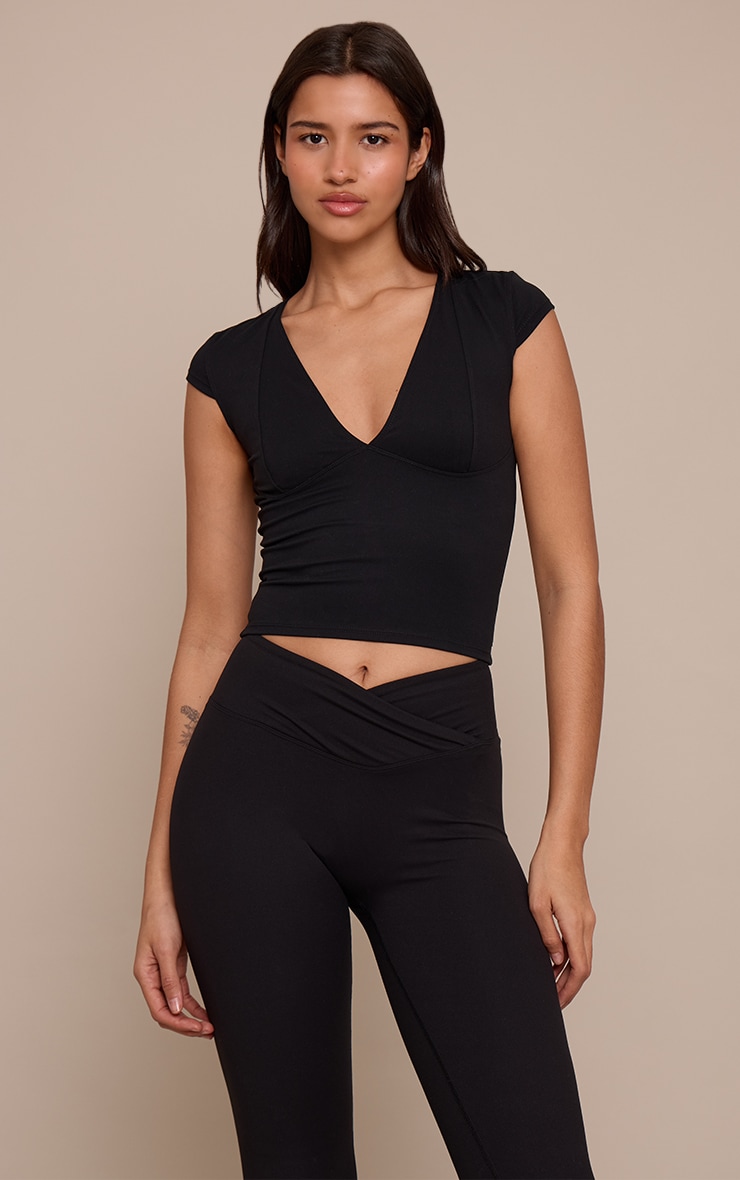 Tall Black Snatched Sculpt V Neck Crop Top