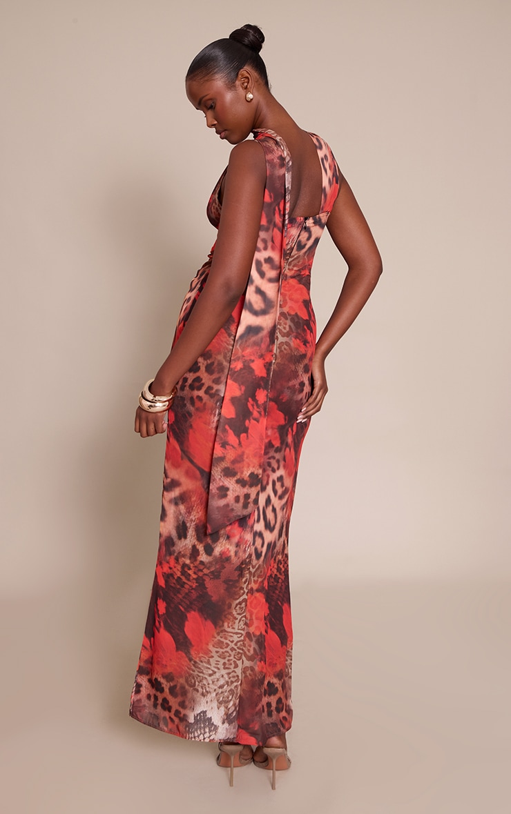 Robe longue en mousseline de soie léopard fleurie à détail foulard image 2