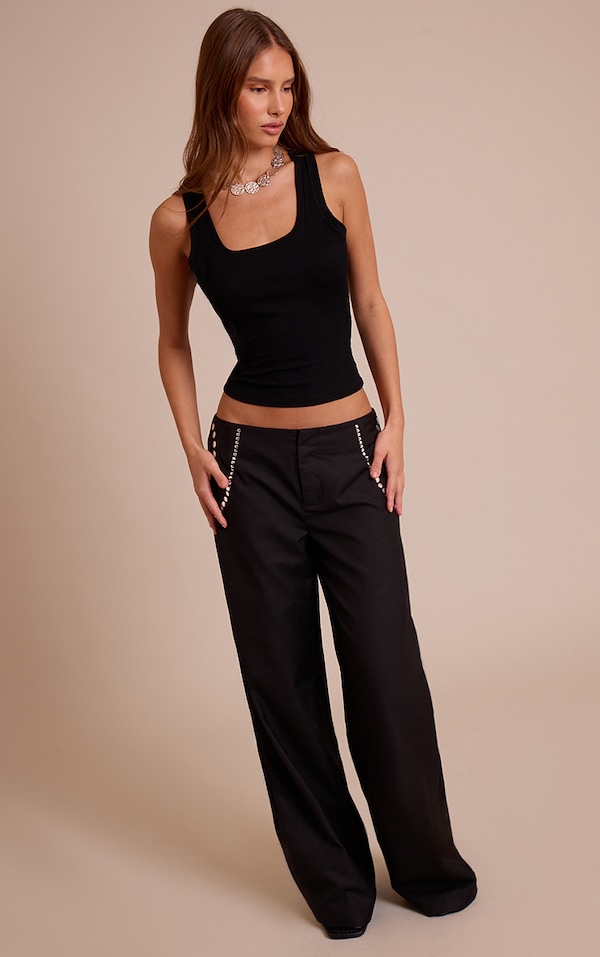 Black Studded Swirl Low Rise Pants 