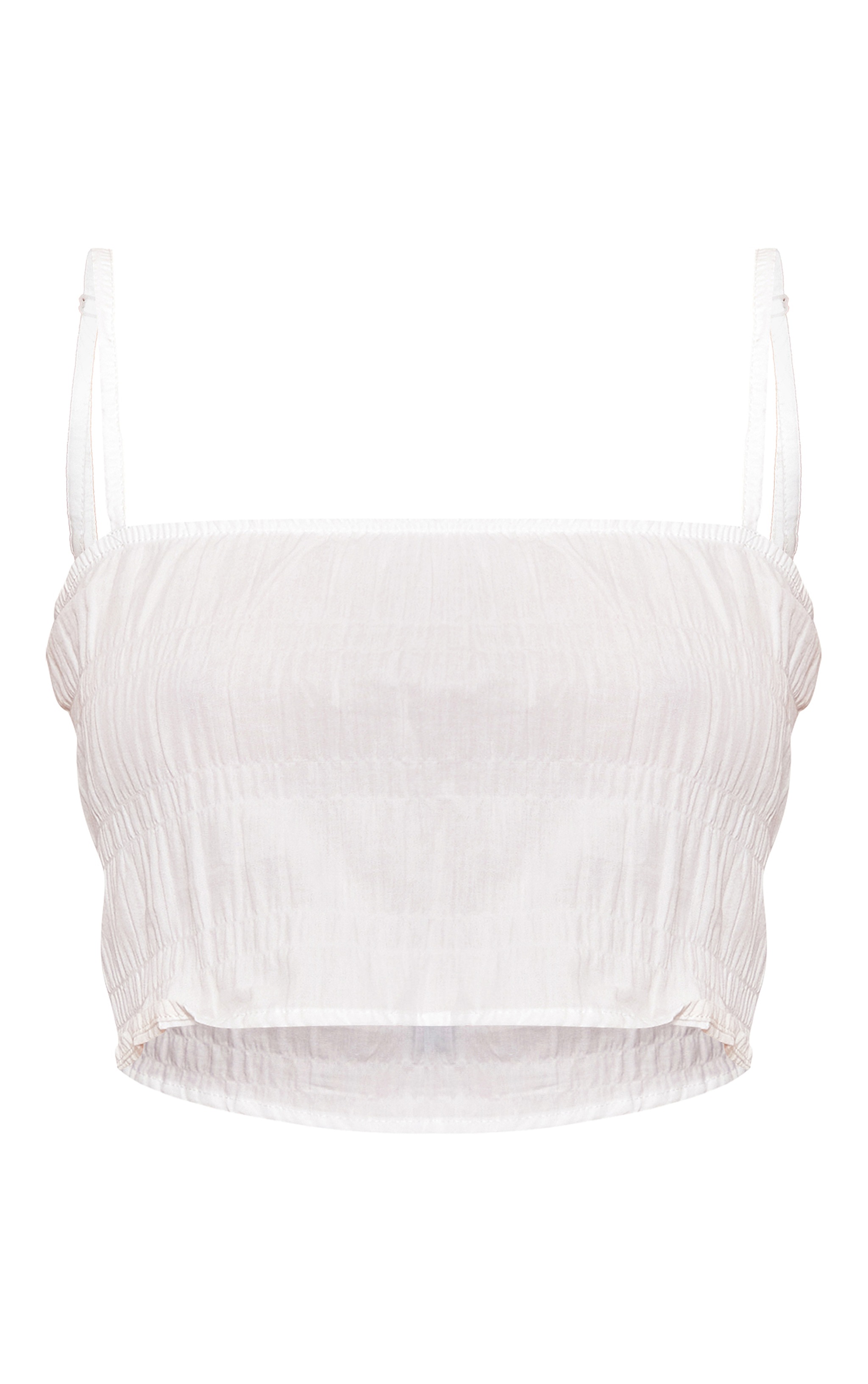 White Textured Ruched Cotton Strappy Crop Top image 5