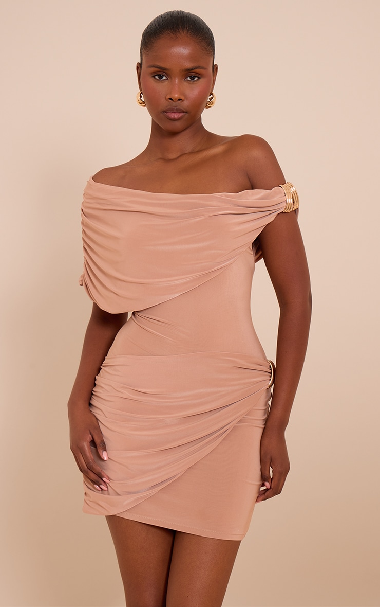 Beige Double Layer Slinky Off The Shoulder Trim Mini Dress image 1