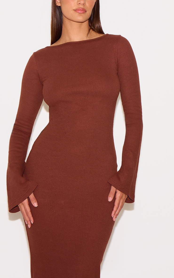 Chocolate Ribbed Boat Neck Long Sleeve Maxi Dress image 4