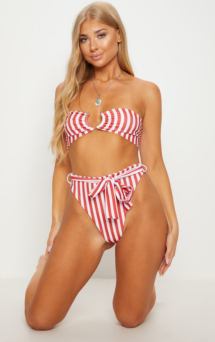 Red Striped High Waist Belted Bikini Bottom PrettyLittleThing
