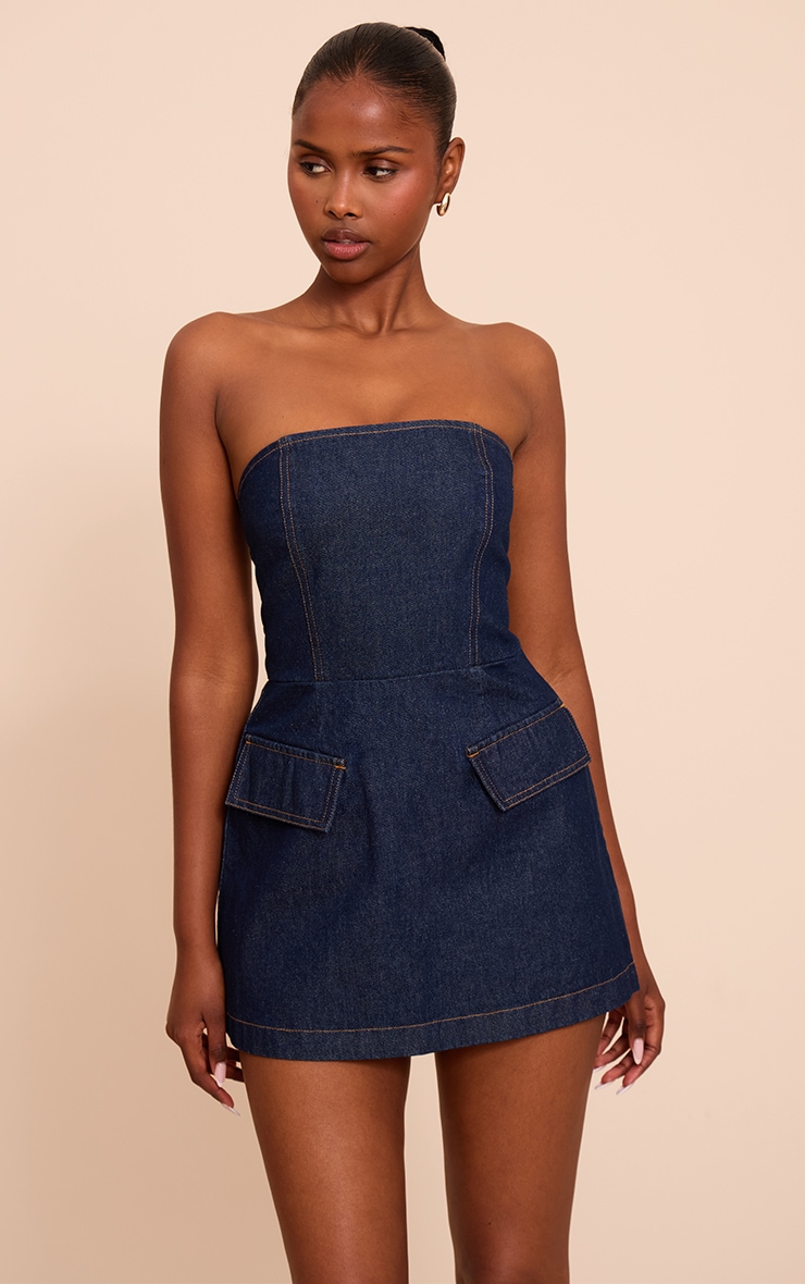Indigo Strapless Structured A Line Denim Mini Dress