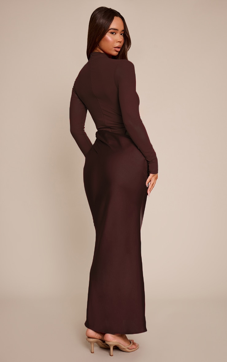 Chocolate Mesh Long Sleeve Draped Maxi Dress image 2
