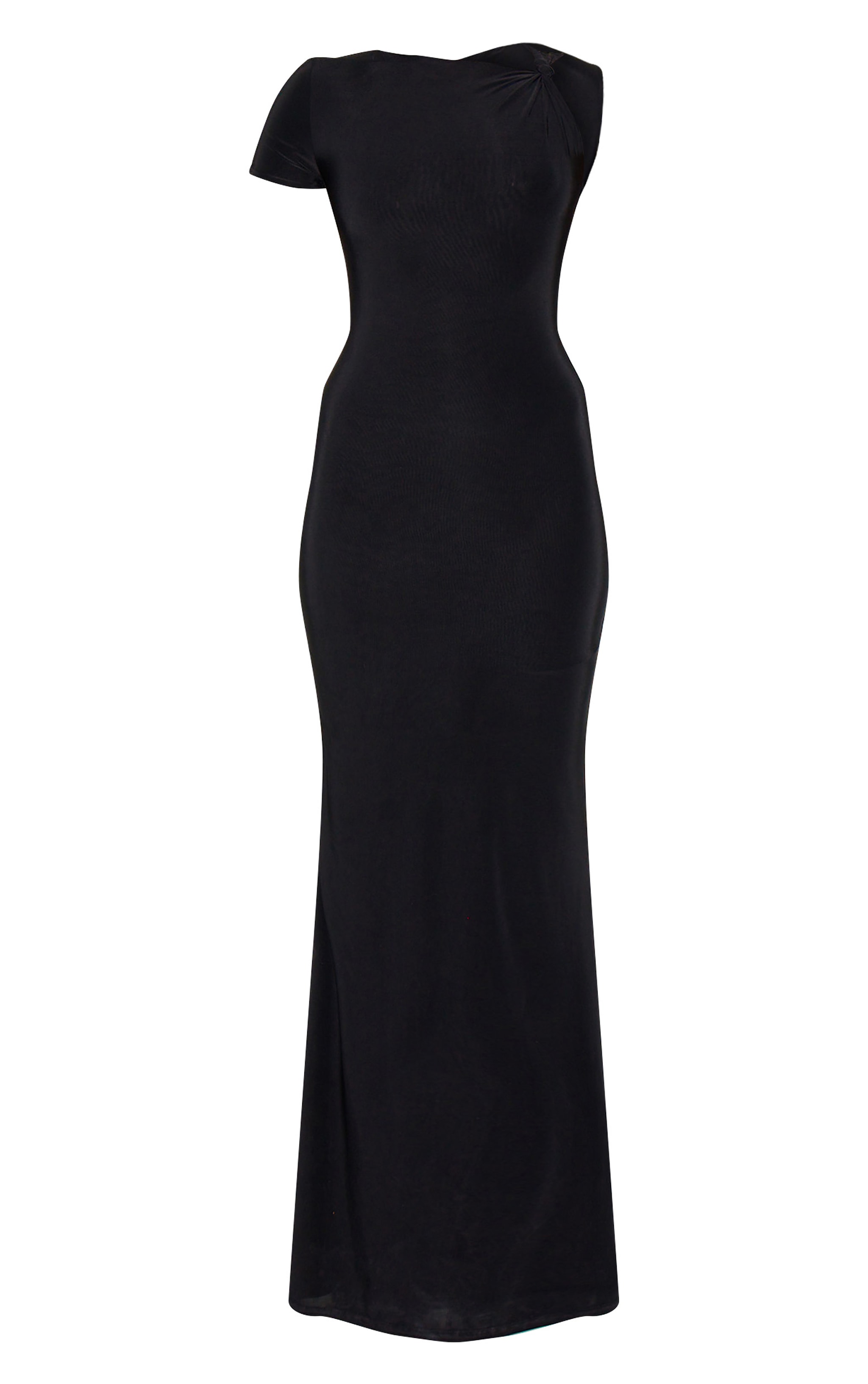 Black Double Layer Slinky Knot Shoulder Cap Sleeve Maxi Dress image 5
