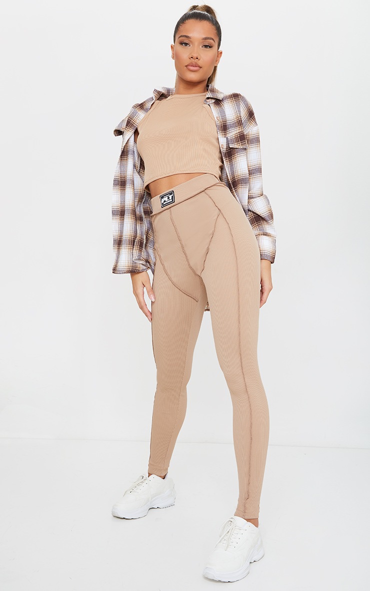 PRETTYLITTLETHING Stone Logo Waistband Stitched Leggings