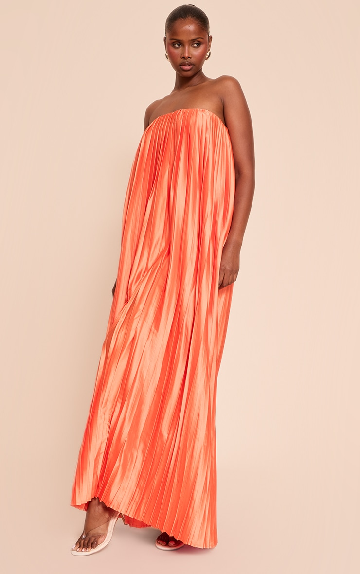  Bright Orange Pleated Satin Bandeau Maxi Dress image 1