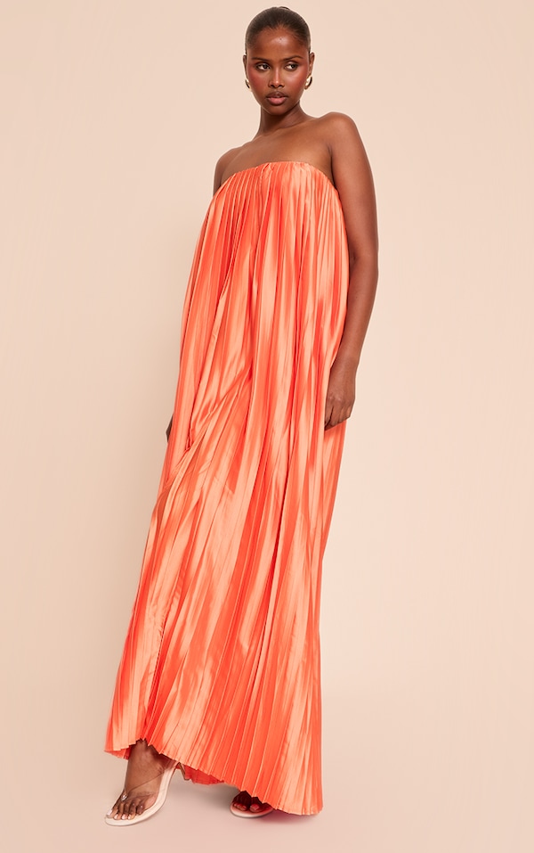  Bright Orange Pleated Satin Bandeau Maxi Dress