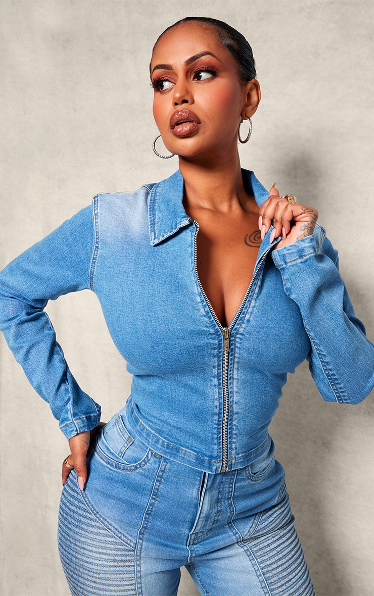 Shape Light Blue Denim Cropped Zip Through Jacket image 1