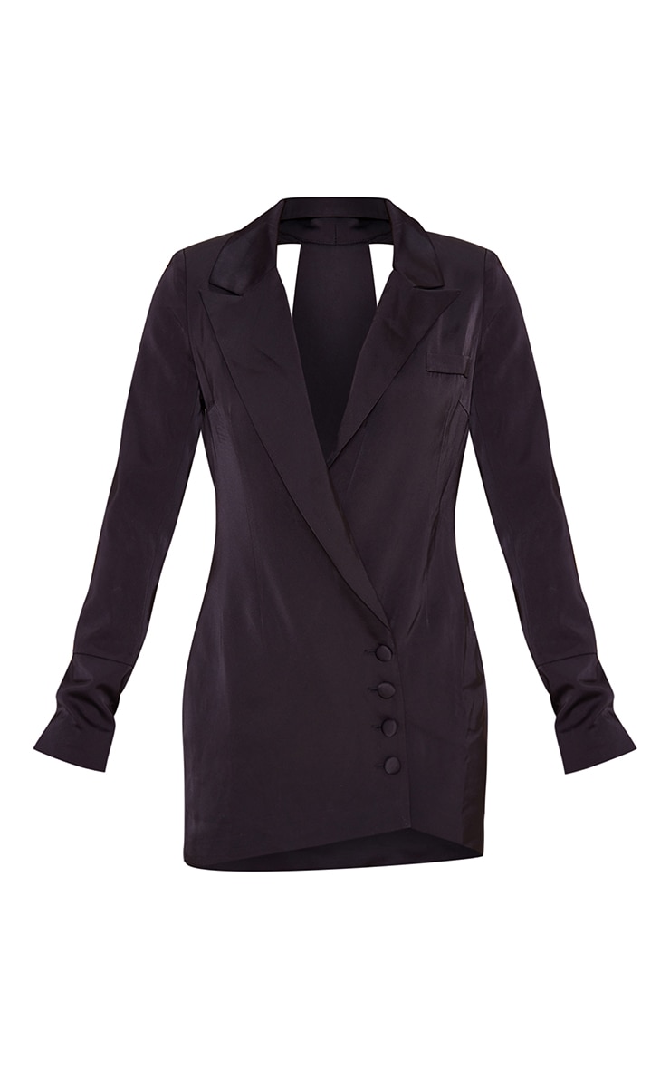 Black Open Back Bow Detail Satin Blazer Dress image 5