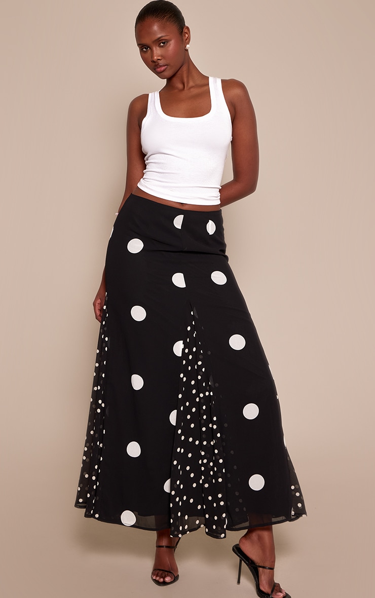 Black Polka Dot Contrast Print Chiffon Maxi Skirt
