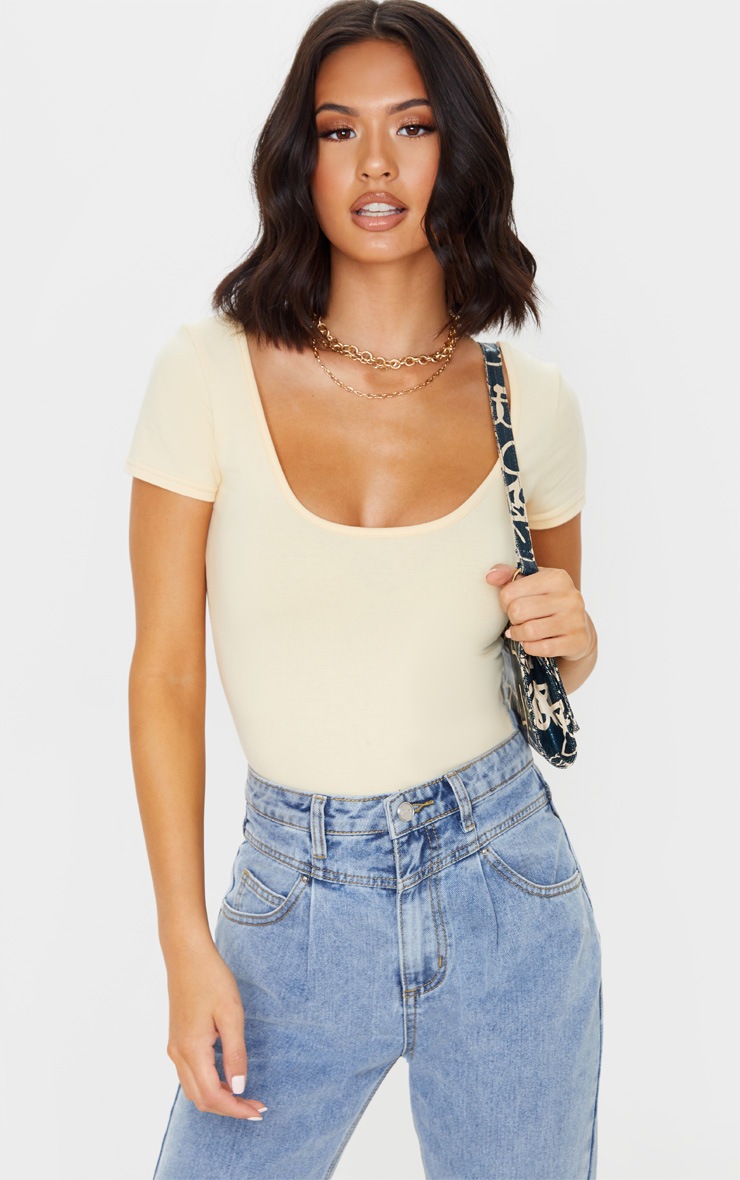 Sand Cotton Scoop Neck Short Sleeve Bodysuit