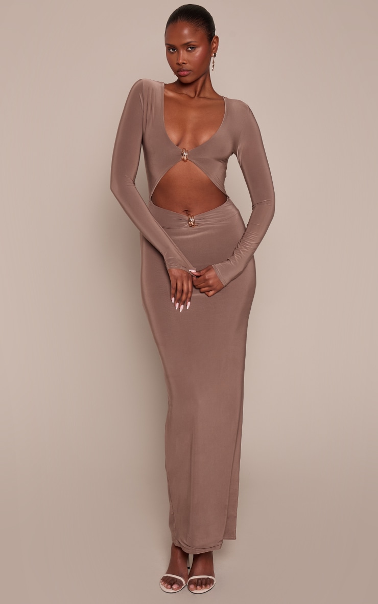 Taupe Double Layer Slinky Long Sleeve Trim Detail Cut Out Maxi Dress