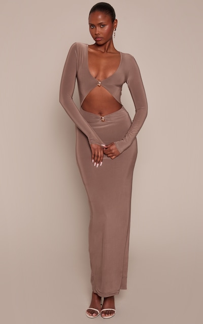 Taupe Double Layer Slinky Long Sleeve Trim Detail Cut Out Maxi Dress