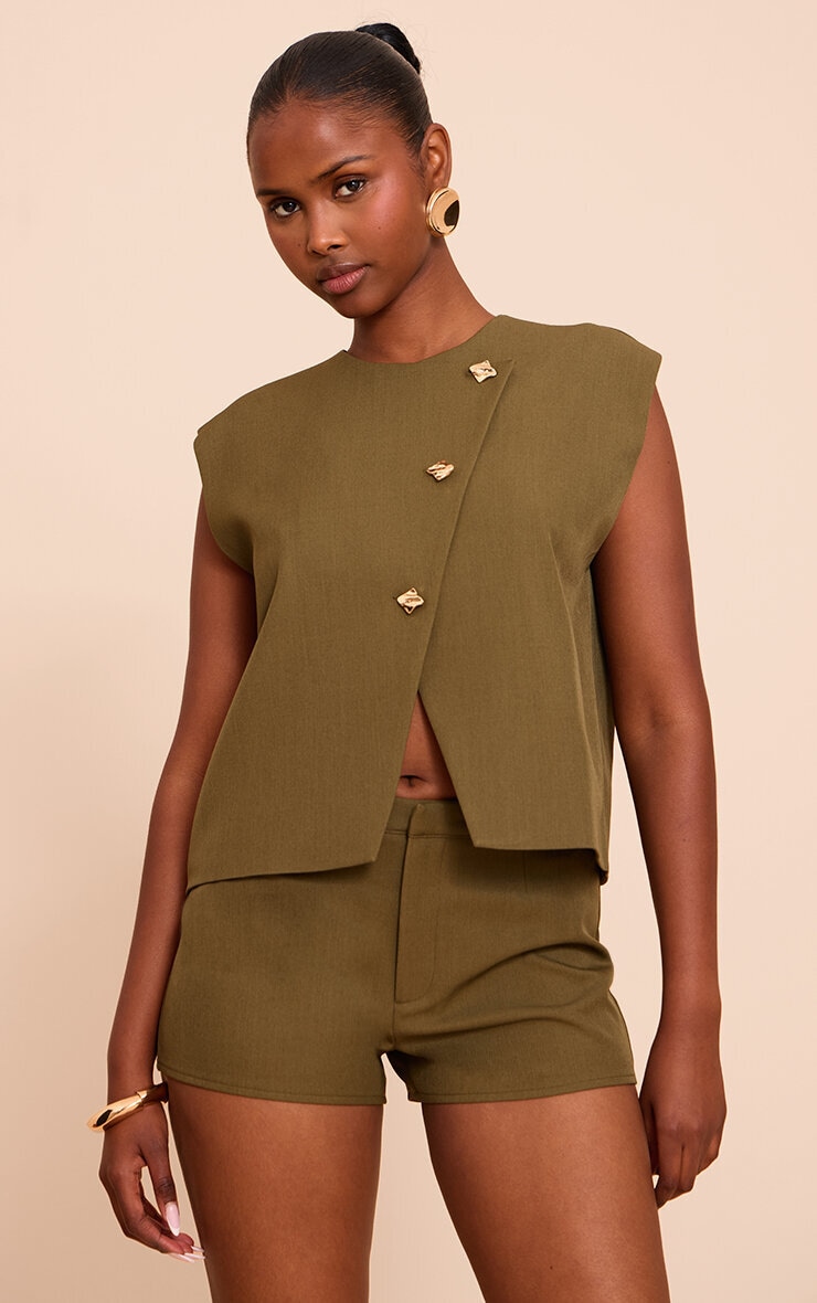 Khaki Gold Trim Oversized Vest image 1