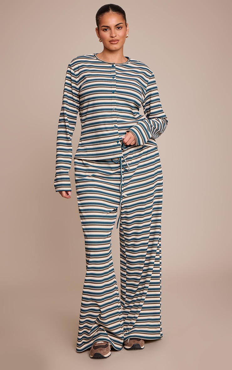 Plus Green Stripe Soft Rib Elasticated Waist Pant image 1