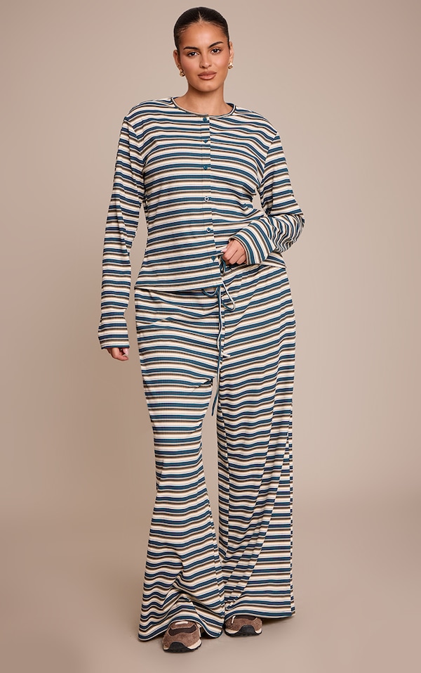 Plus Green Stripe Soft Rib Elasticated Waist Trouser