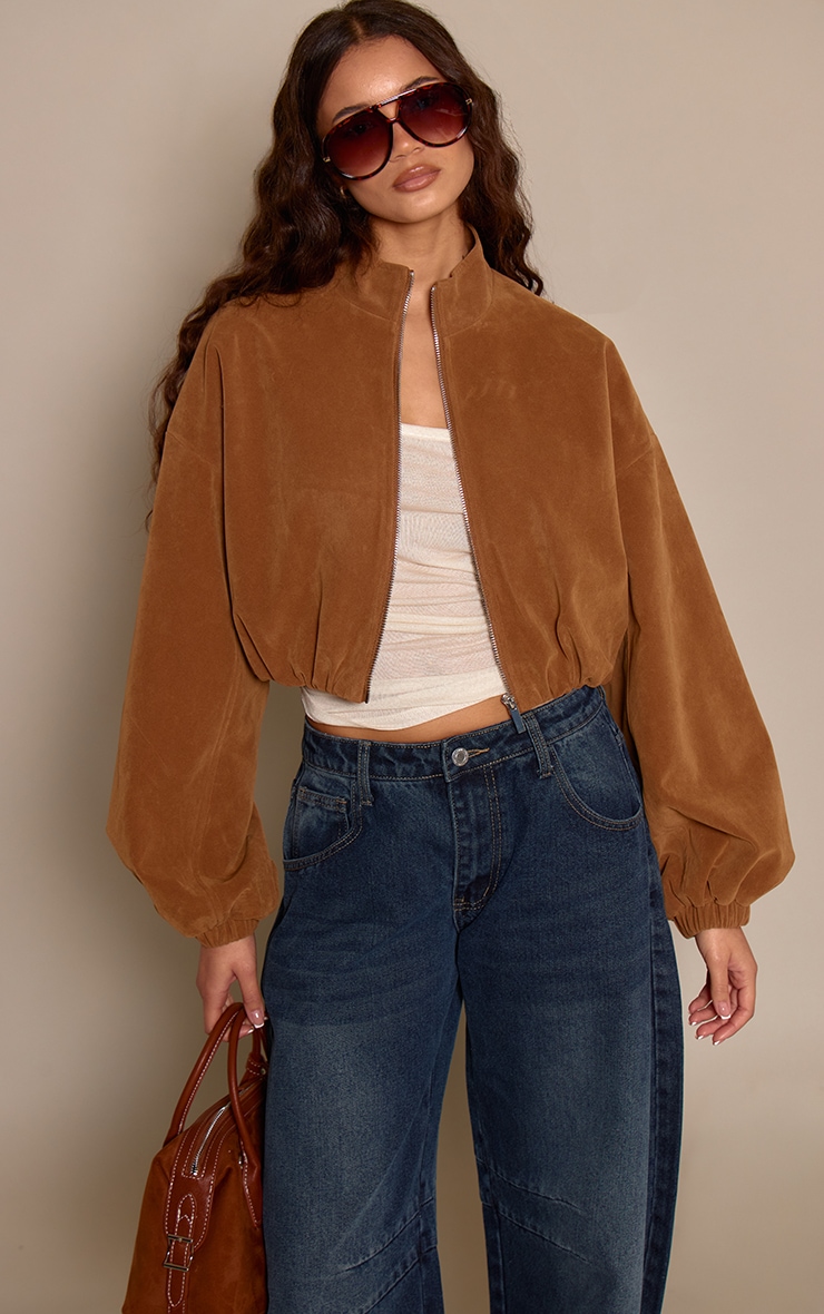 Caramel Faux Suede Cropped Bomber Jacket  image 1