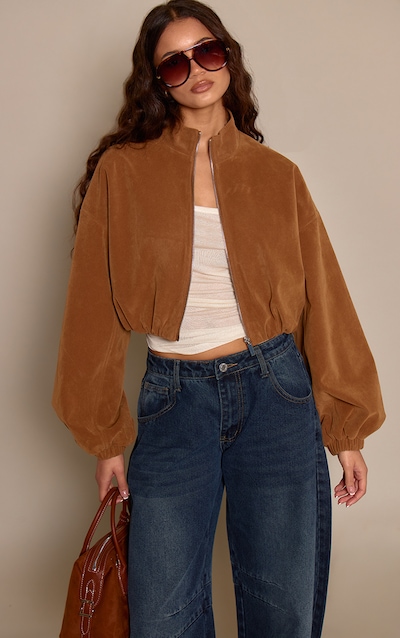 Caramel Faux Suede Cropped Bomber Jacket