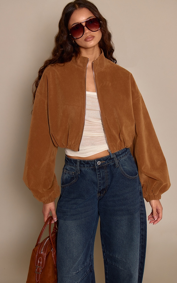 Caramel Faux Suede Cropped Bomber Jacket