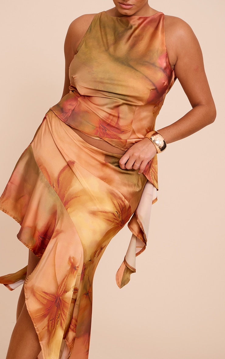 Plus Burnt Orange Printed Satin Cowl Back Asymmetric Ruffle Top image 4
