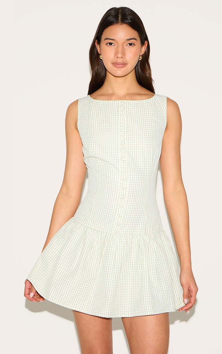 Sage Green Checked Scoop Back Button Down Shift Dress image 1