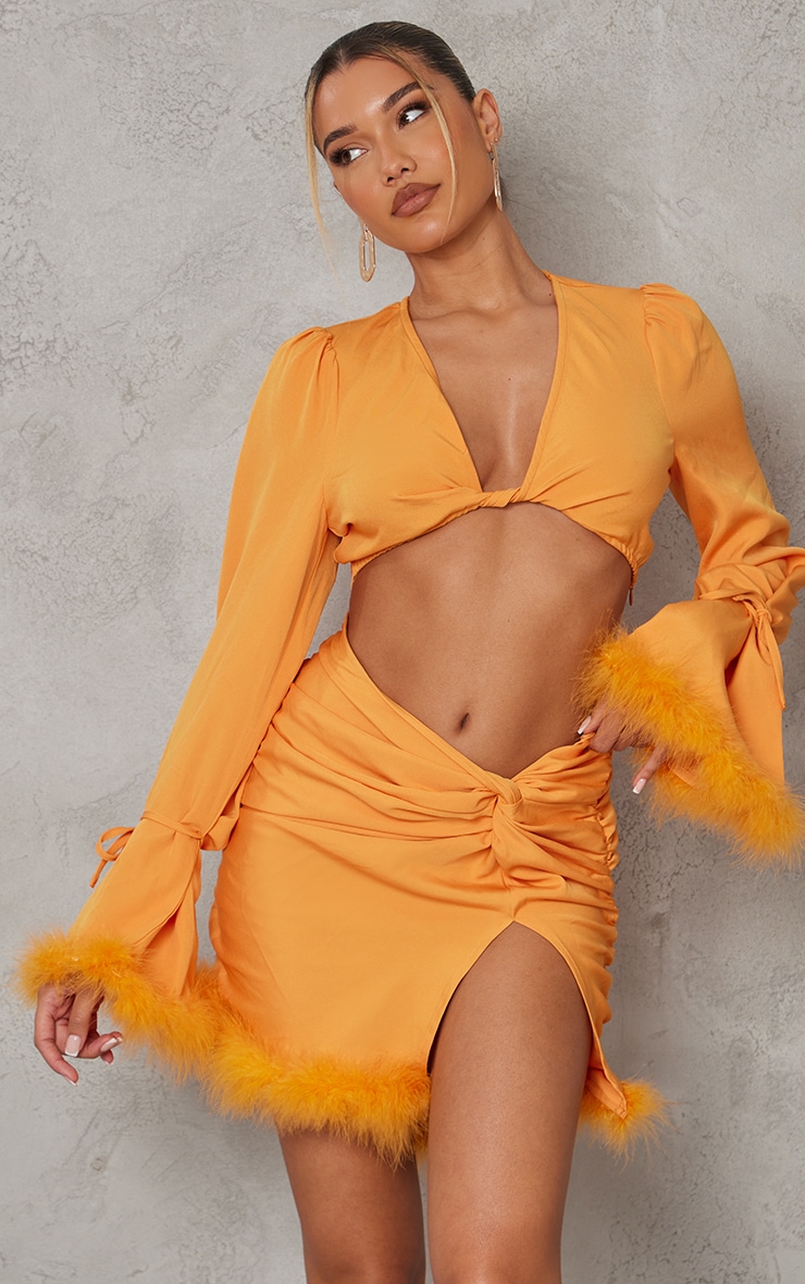 Bright Orange Woven Feather Trim Twist Front Crop Top
