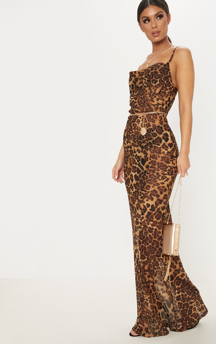 Brown Leopard Print Cowl Neck Floaty Maxi Dress image 4