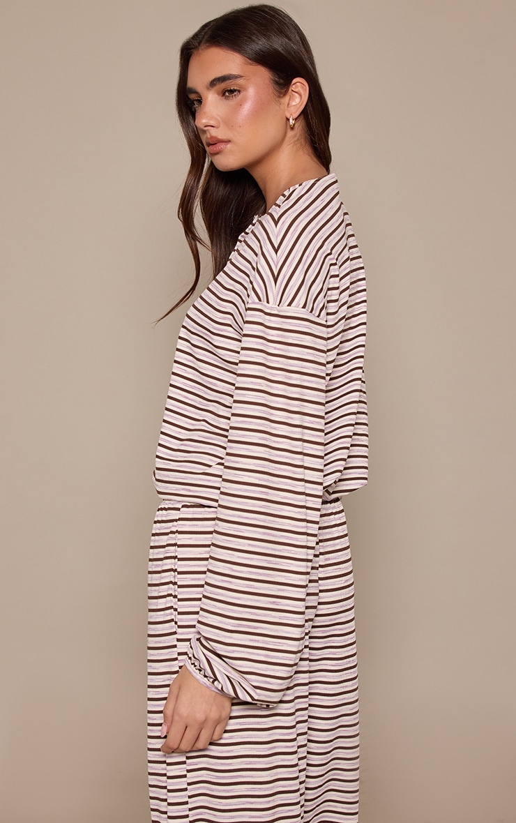 Dark Brown Stripe Soft Rib Relaxed Button Up Top image 2