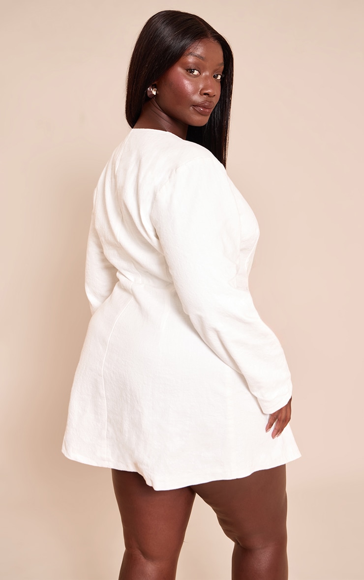Plus White Premium Linen Cinched Waist Cocoon Sleeve Mini Dress image 2