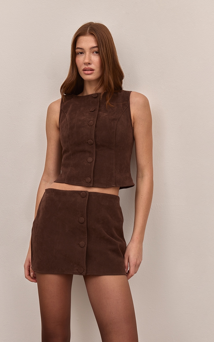 Dark Brown Faux Suede Button Through Mini Skirt image 4