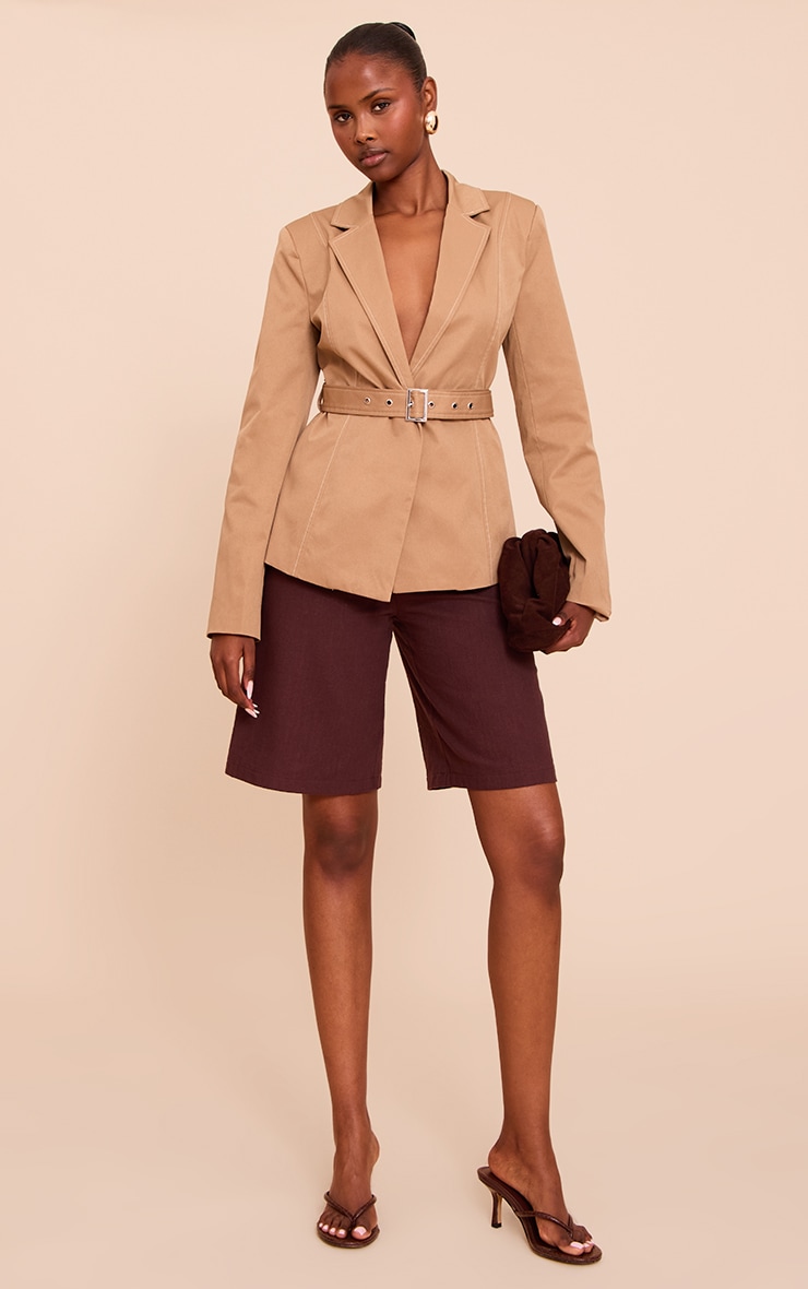 Beige Tie Waist Contrast Stitch Blazer image 3
