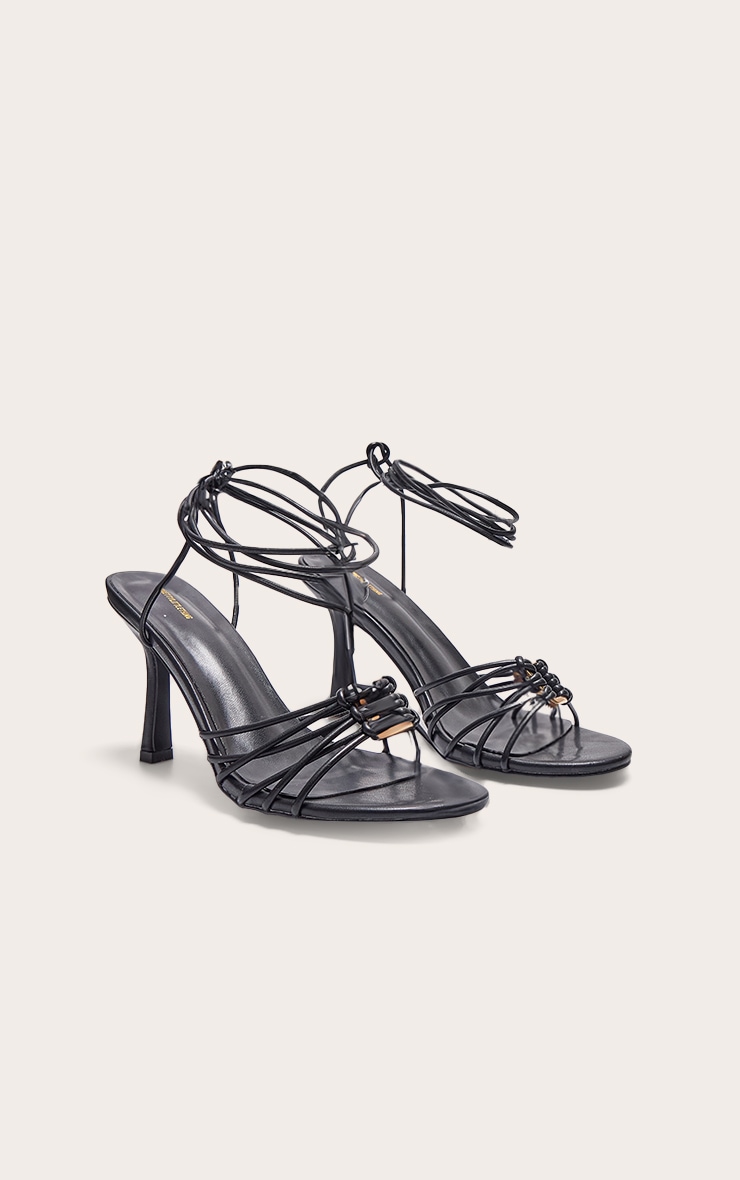 Black Pu Silver Buckle Round Toe Lace Up Heeled Sandals image 2