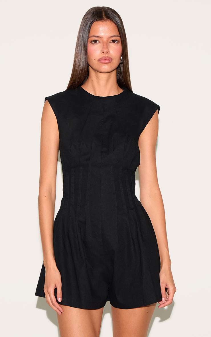 Black Cotton Cinched Waist Boat Neck Romper image 1