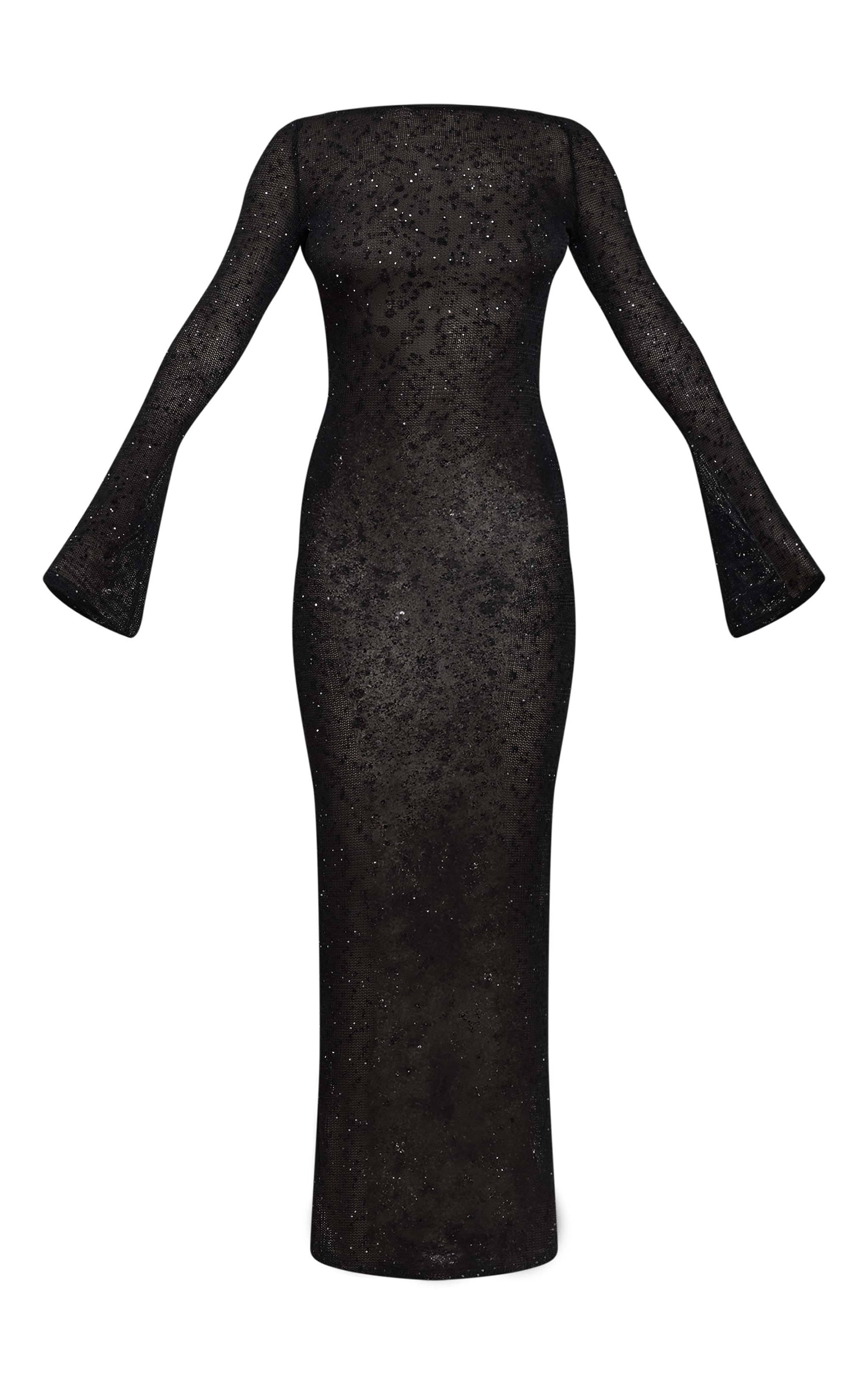 Black Shirred Textured Long Sleeve Backless Midaxi Dress image 5