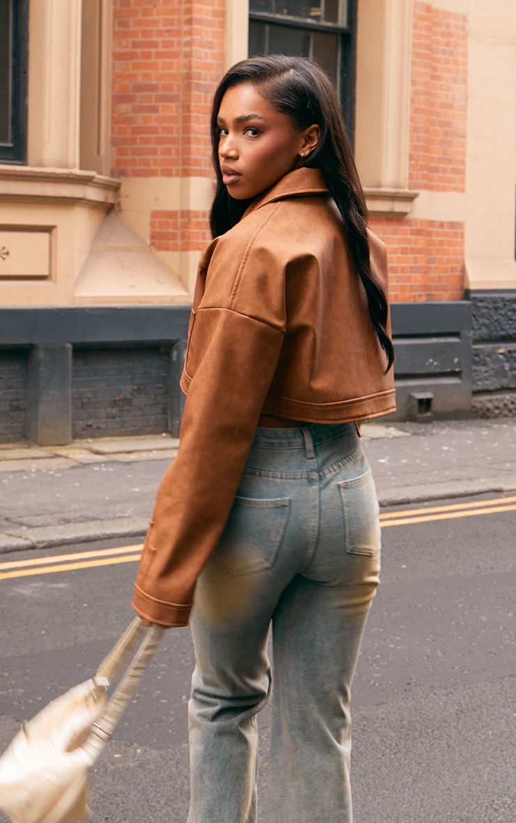 Brown Faux Leather Western Detail Curved Hem Jacket image 2