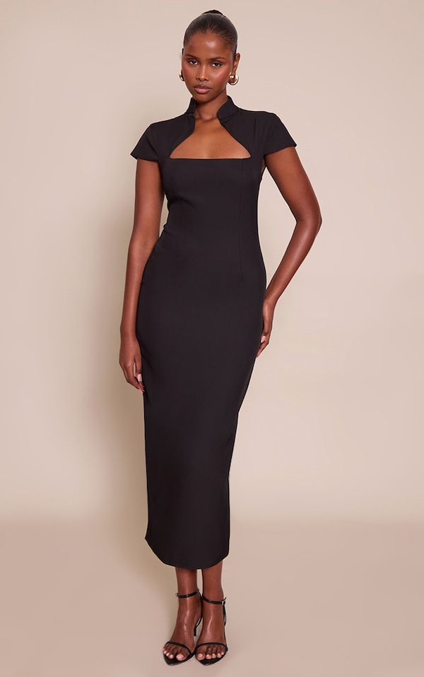 Robe mi-longue tissée noire à manches courtes