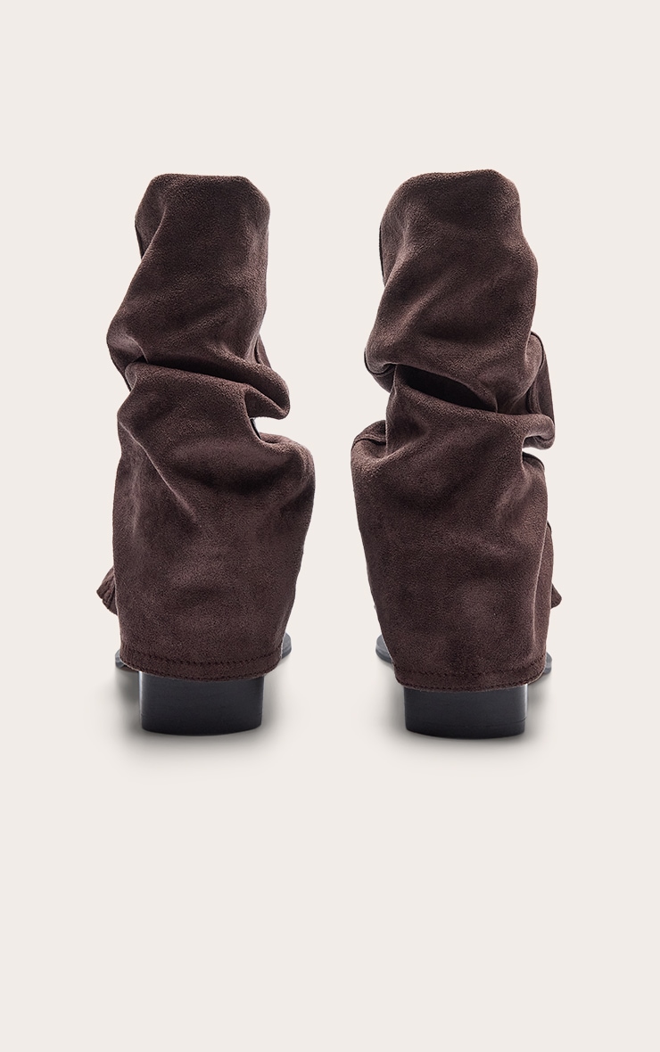 Chocolate Faux Suede Point Toe Slouchy Fold Over Block Heeled Ankle Boots image 4