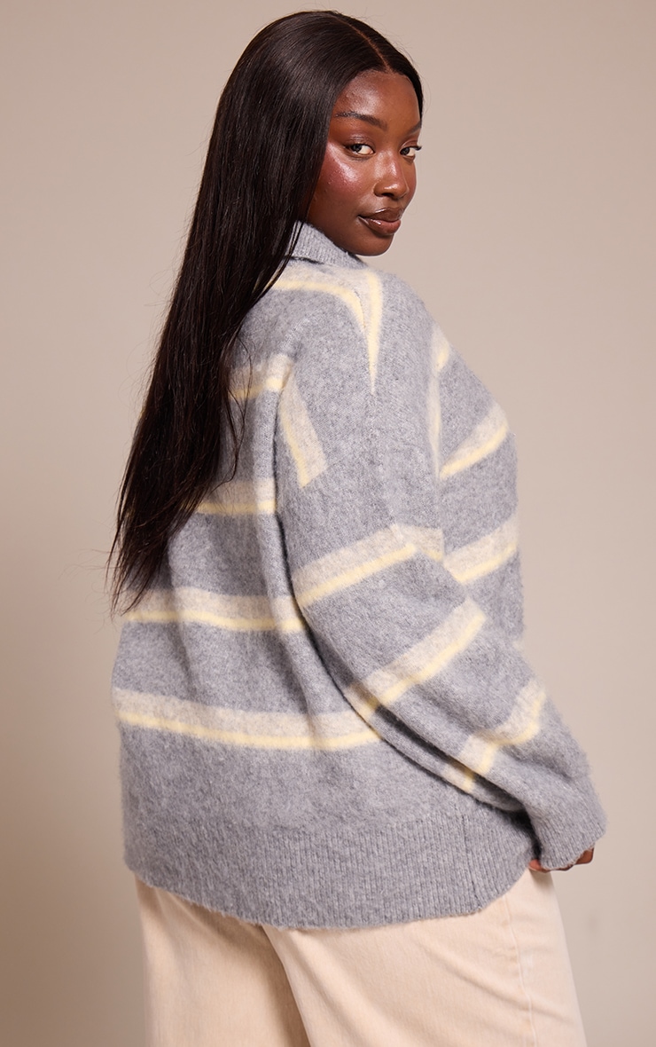Plus Grey Striped Brushed Knit Oversized Rugby Style Sweater image 2