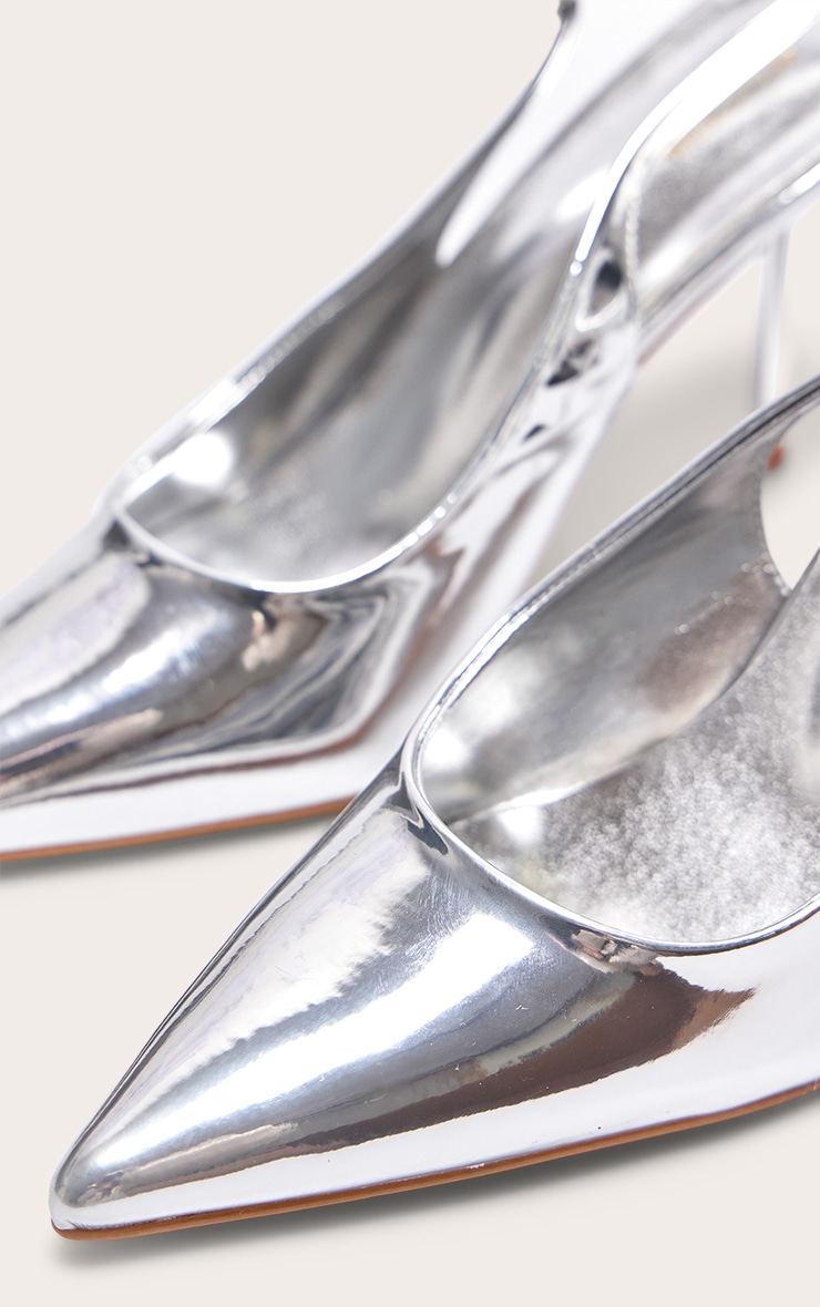 Silver PU Point Toe Sling Back Mid Heeled Courts image 4
